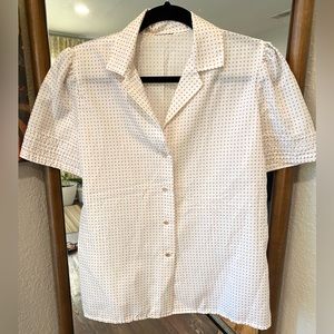 Vintage Silk white mauve polka dots Button Down Short Sleeve Blouse size M